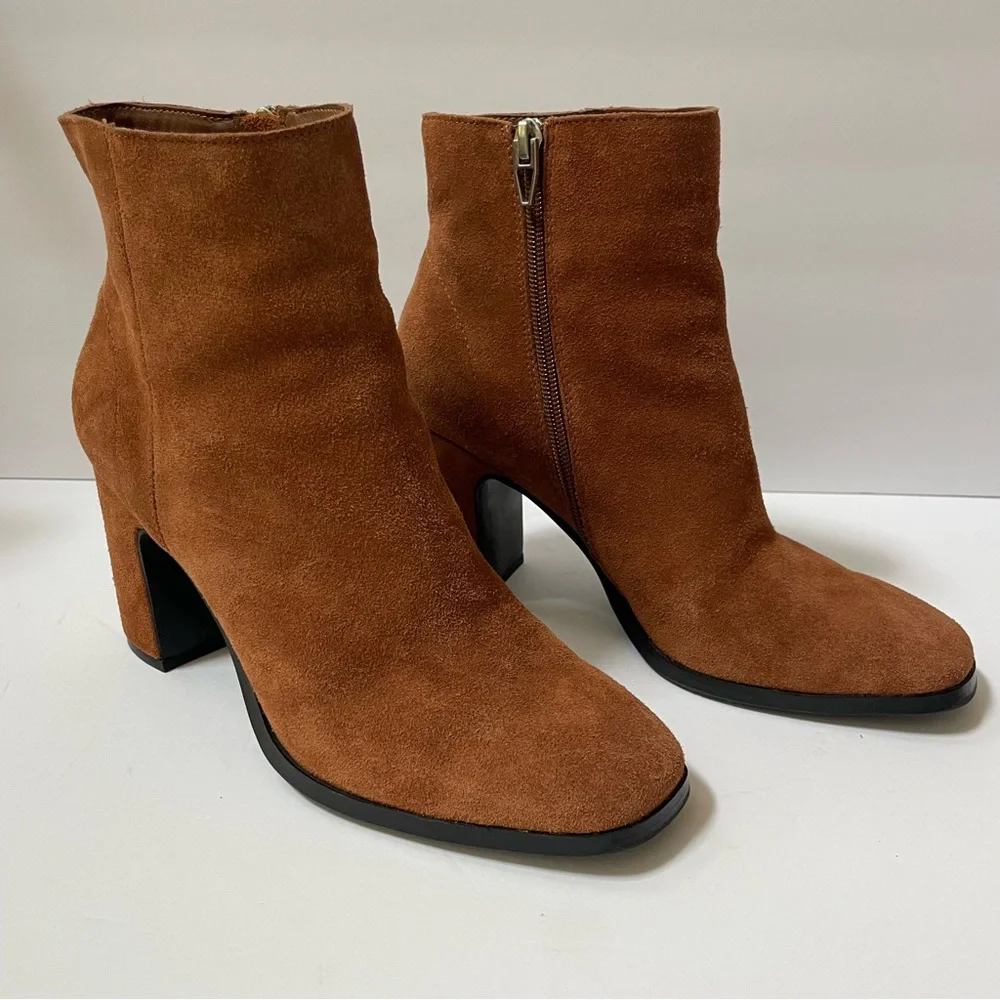 Dolce Vita Brown Cushioned Fiola Square Toe Block Heel Leather Booties Size 7.5